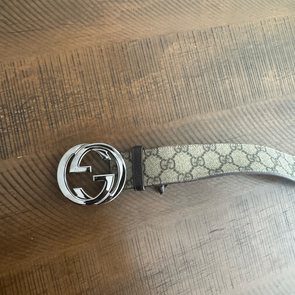 Gucci Beige and Brown Monogram Belt with Silver Buckle